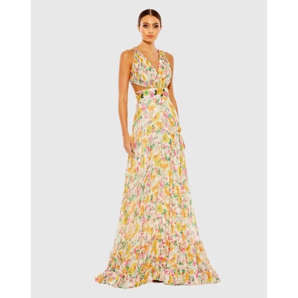 NWT Mac Duggal Floral Print Cut Out Lace Up Tiered Gown - size 4 - Picture 1 of 10